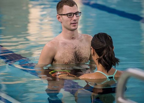 Two people participate in aquatic therapy at Shepherd Center’s Atlanta rehabilitation facility
